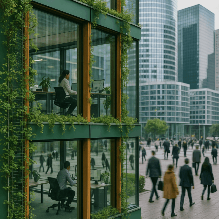 personnes qui travaillent dans un batiment de bureaux dans un quartier d'affaires