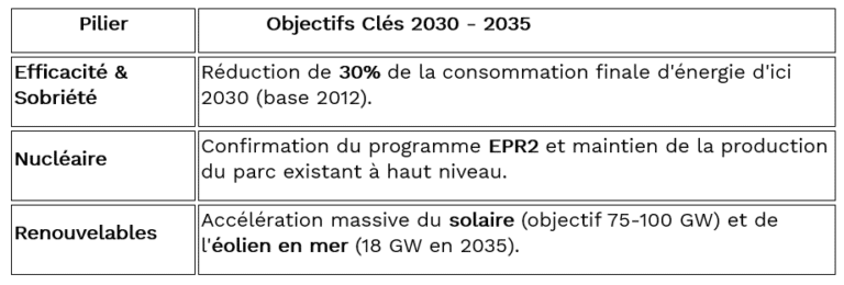 Tableau récapitulatif des piliers de la programmation pluriannuelle sur l'énergie