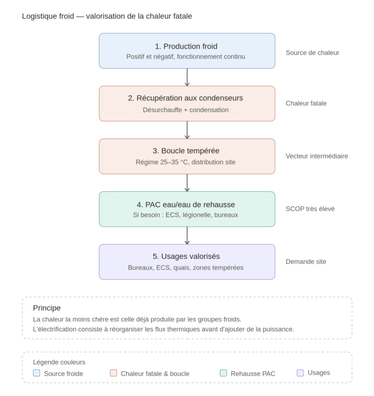 Boucle de récupération de chaleur fatale en logistique froid — cinq étapes : production froid, récupération condenseurs, boucle tempérée, PAC eau/eau de rehausse, usages valorisés